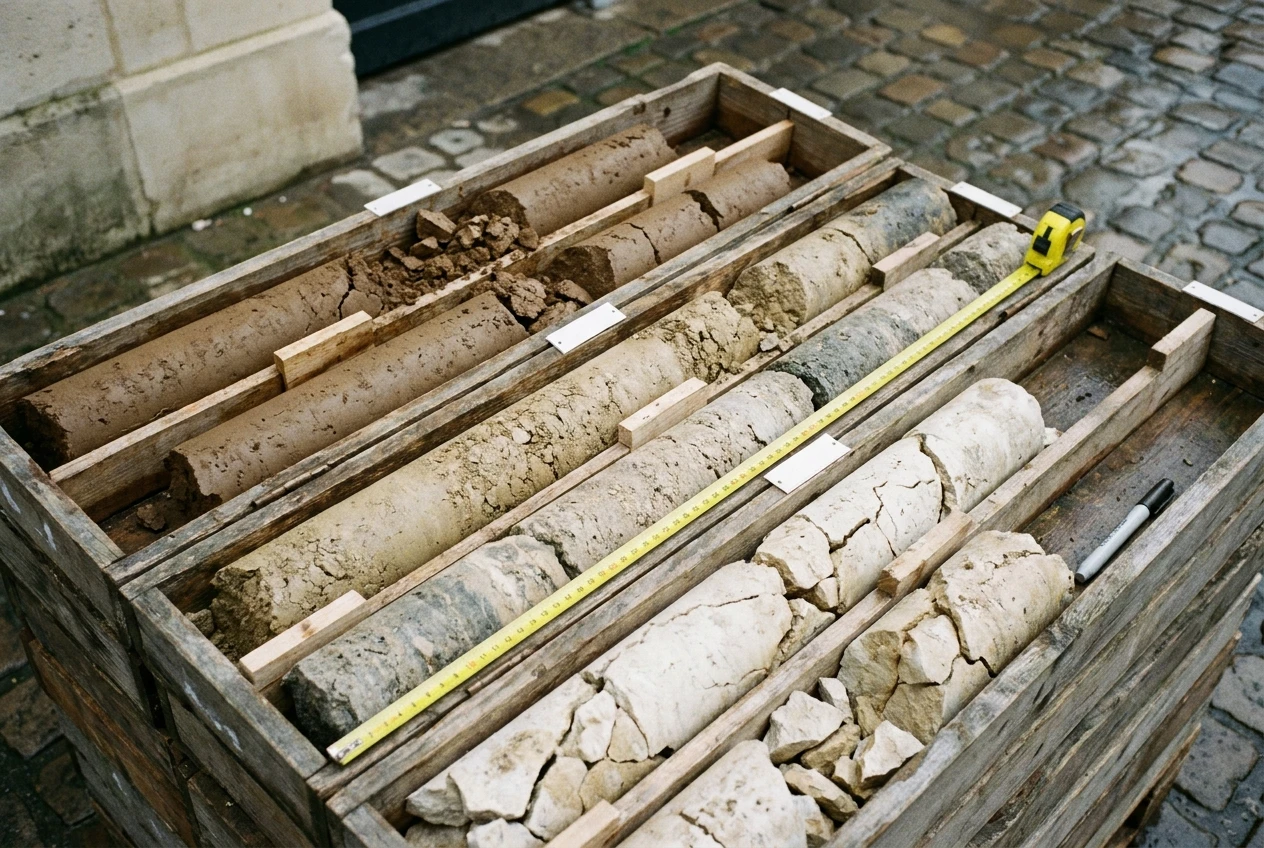 Caisses à carottes avec carottes de remblais, de marnes et de calcaire grossier rangées par profondeur, mètre ruban et étiquettes