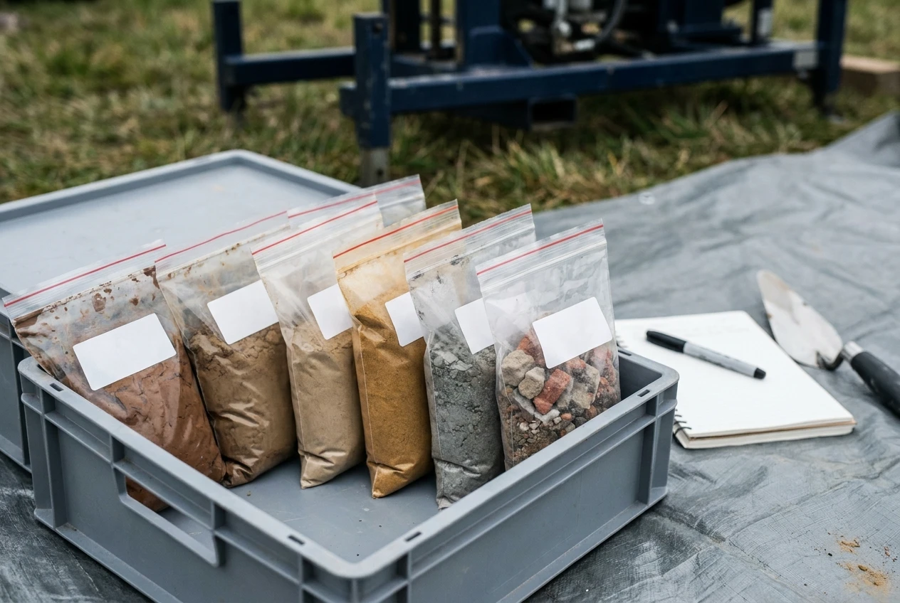 Sachets transparents d echantillons de sol de différentes natures rangés dans une caisse, carnet de terrain, marqueur et truelle