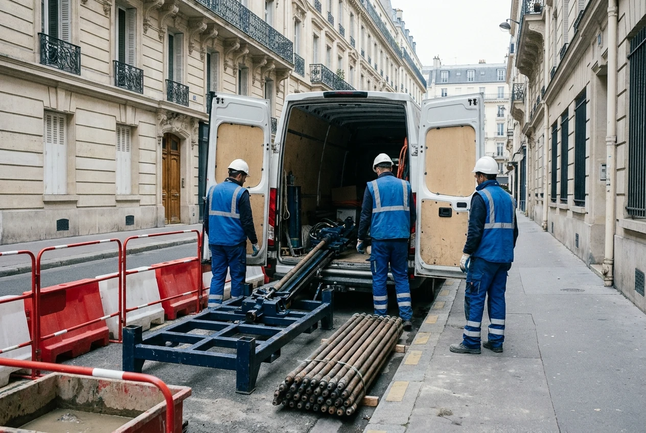 Trois sondeurs en EPI déchargent les modules d une sondeuse démontable et les tiges de forage depuis un fourgon atelier dans une rue parisienne