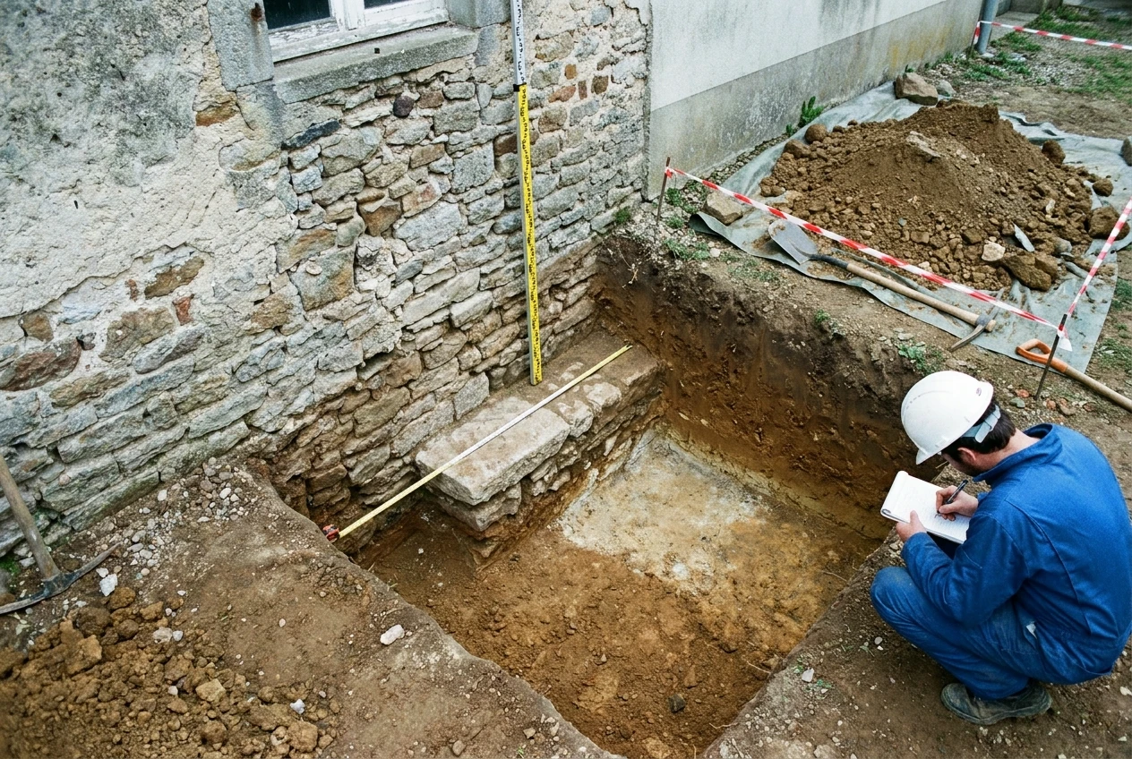 Fouille ouverte au pied d un mur en moellons, semelle de fondation en pierre dégagée, mire et mètre ruban, sondeur prenant des notes