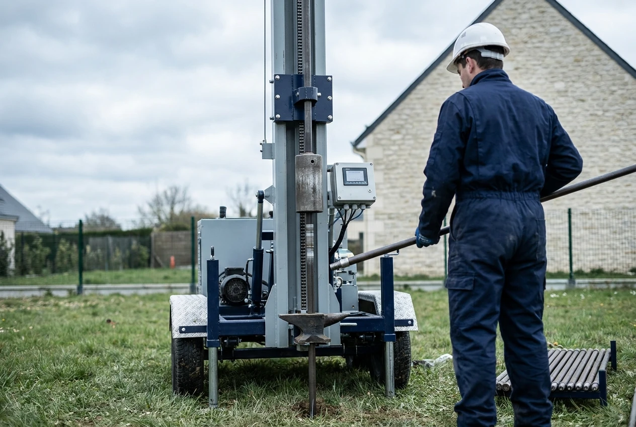 Pénétromètre dynamique lourd en fonctionnement sur un terrain en herbe, sondeur en EPI tenant une tige