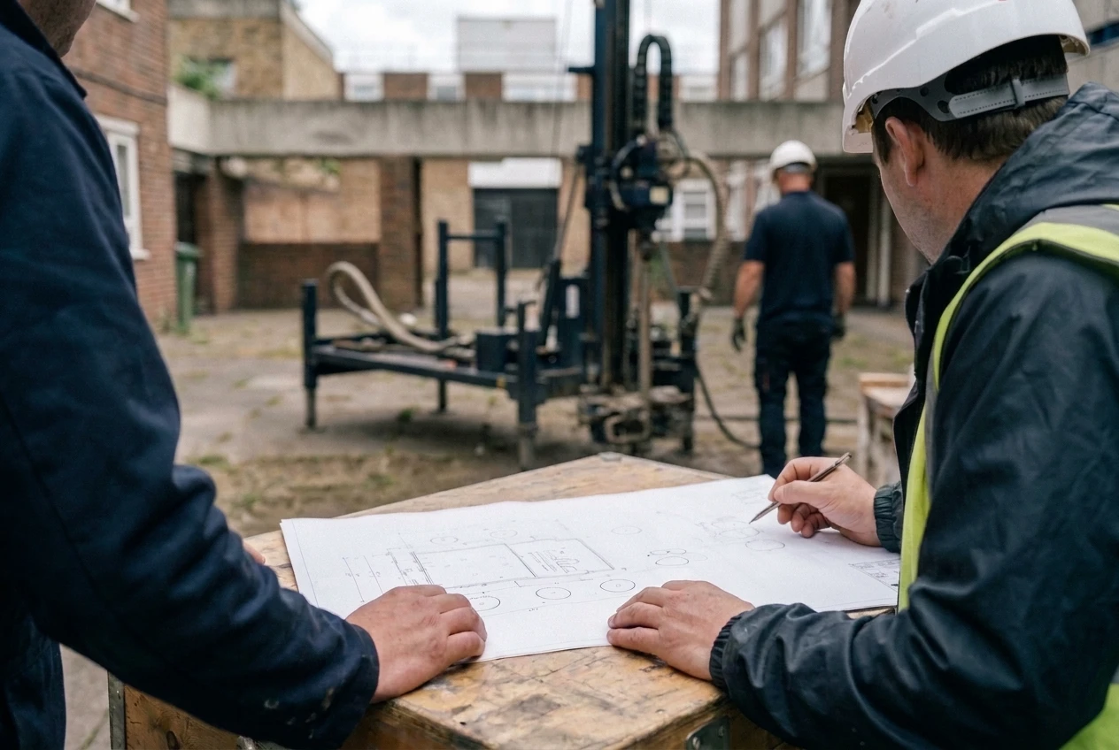 Chef sondeur et ingénieur géotechnicien examinant un plan d implantation de sondages sur le chantier, sondeuse en arrière-plan