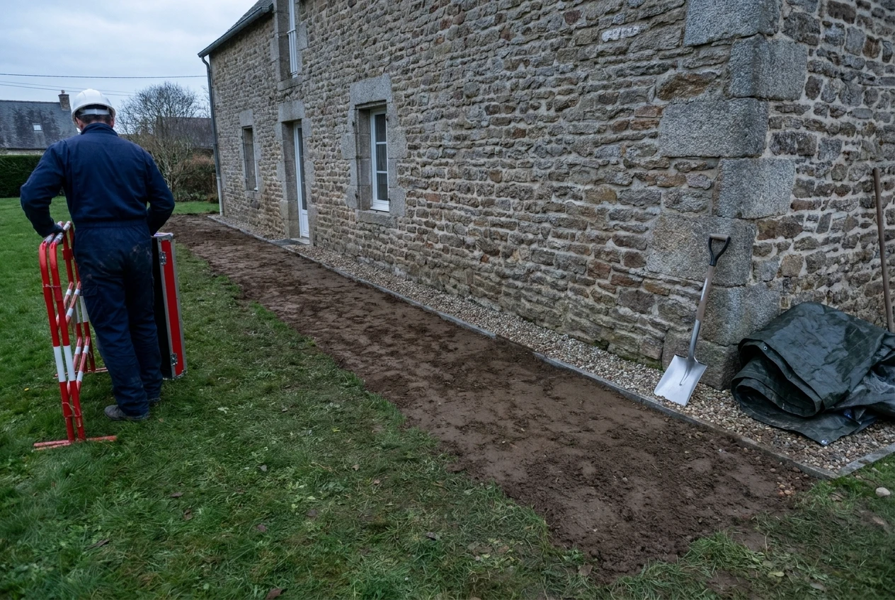 Pied de mur remblayé et nettoyé après une fouille de reconnaissance, sondeur rangeant le balisage, pelle et bâche pliée