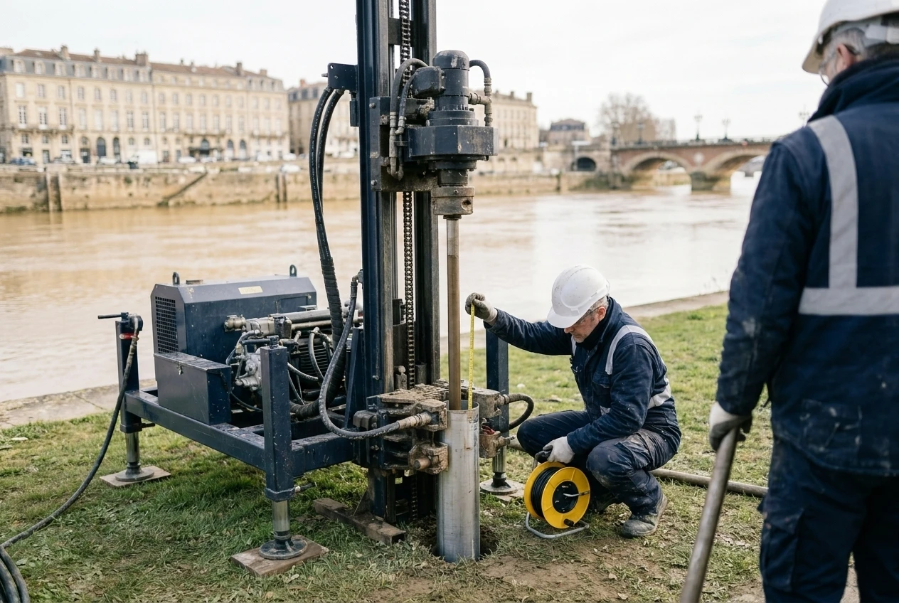 Sondeuse démontable avec tubage sur une berge de la Garonne à Bordeaux, sondeur mesurant le niveau d eau, quais et pont de pierre en arrière-plan