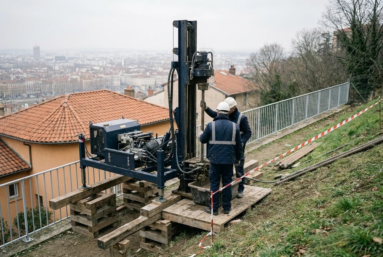Sondeuse démontable calée sur une plateforme en madriers sur un coteau en pente dominant Lyon, deux sondeurs en EPI