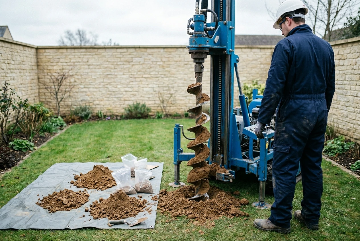 Sondeuse démontable forant à la tarière hélicoïdale dans un jardin clos, tas d echantillons de sol et sachets sur une bâche