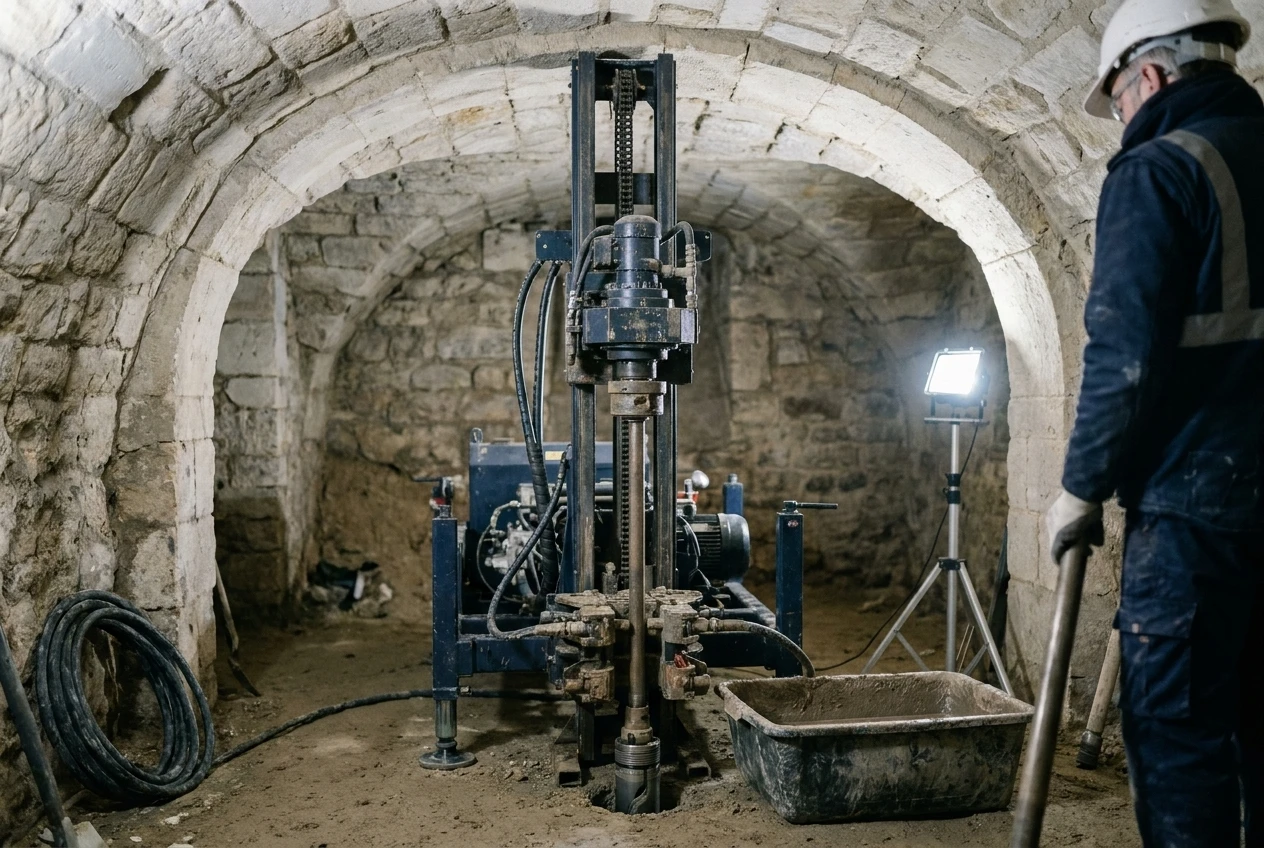 Sondeuse géotechnique démontable en forage dans une cave voûtée en pierre, éclairée par un projecteur de chantier, sondeur en EPI
