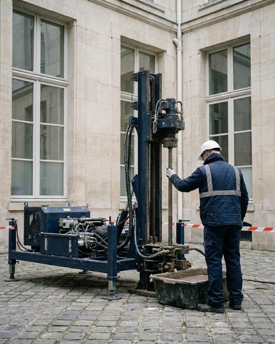Sondeur en EPI guidant la tige d une sondeuse géotechnique démontable dans une cour intérieure pavée à Paris