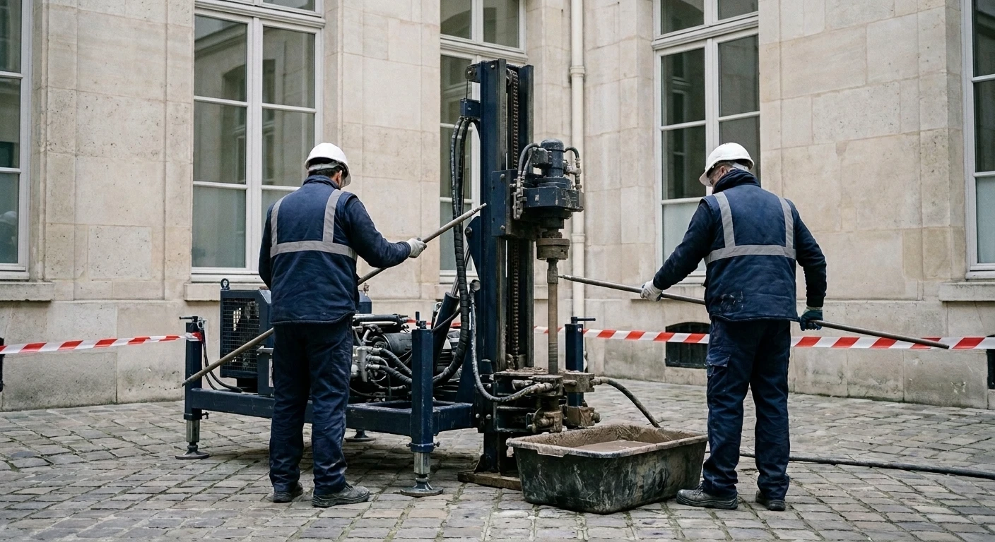 Sondeuse de forage géotechnique démontable en fonctionnement dans une cour intérieure pavée à Paris, deux sondeurs en EPI