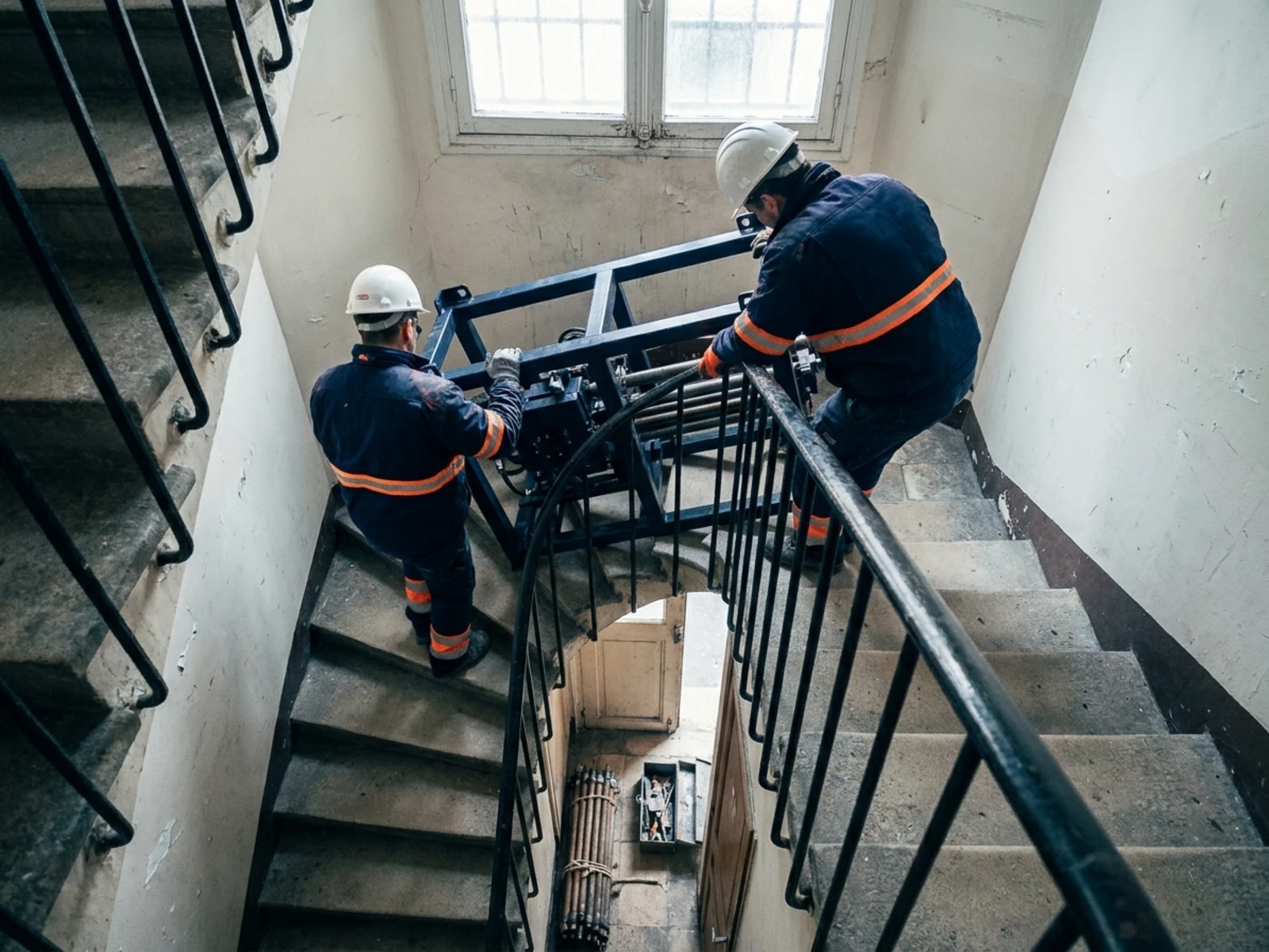 Deux sondeurs en EPI descendent un module de sondeuse géotechnique démontable dans la cage d escalier d un immeuble ancien, tiges et caisse d outillage sur le palier
